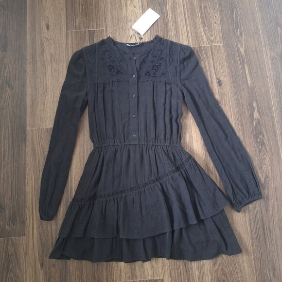 NWT Zara Black Tiered Embroidered Mini Dress Lined 100% Cotton - Picture 9 of 9